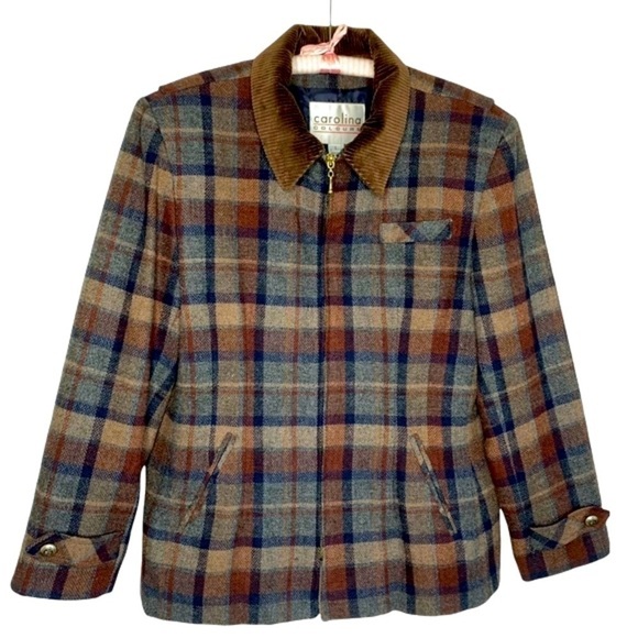 Carolina Colours Wool Blend Tartan Plaid Brass Button Zip Up Jacket Coat Size L - Picture 1 of 14